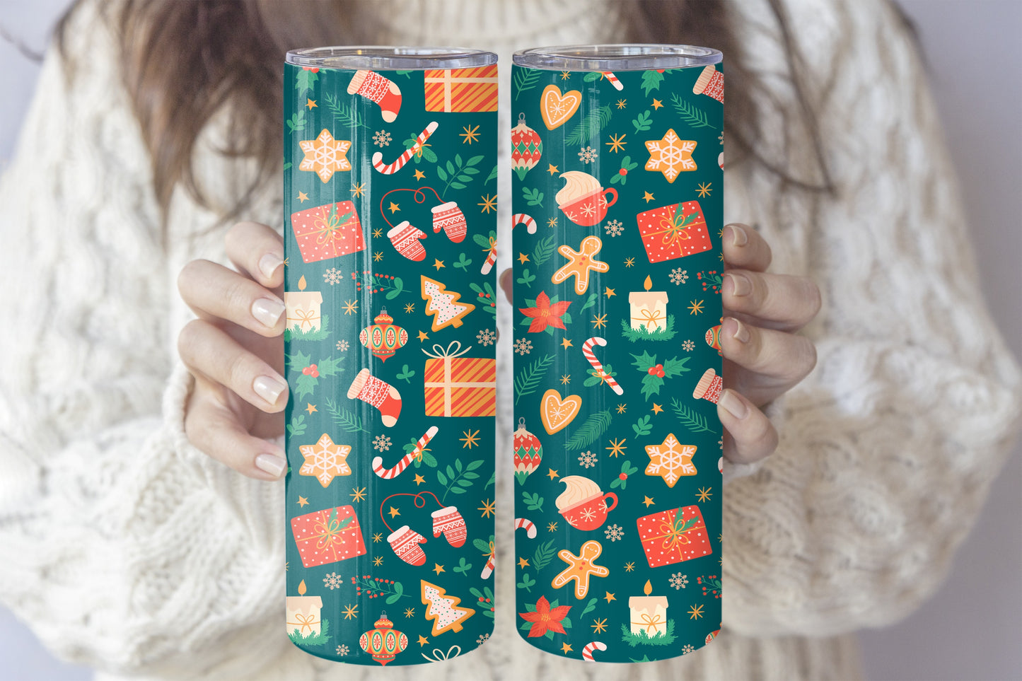Vibrant Colors Xmas Holiday Tumbler, Christmas Icons Pattern Insulated Cup