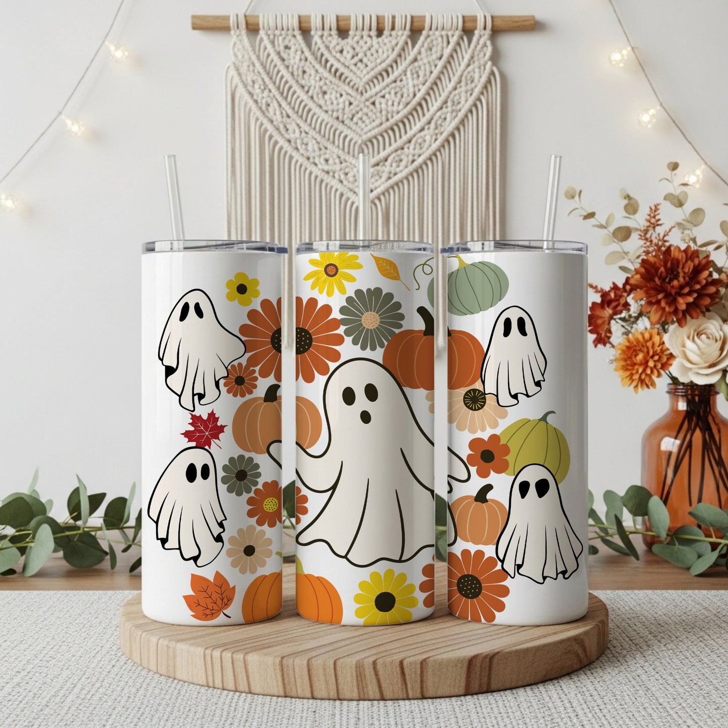 Fall Floral Ghosts Tumbler, Festive Pumpkin Theme, Insulated Halloween Cup