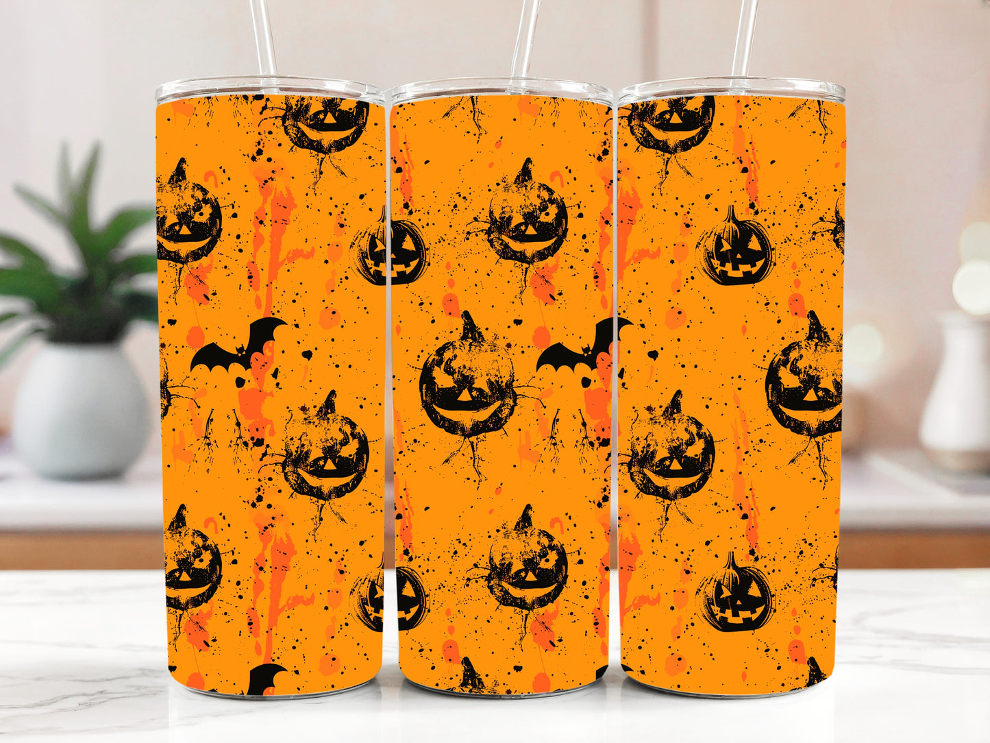 Vibrant Splatter Paint Jack-O-Lanterns Tumbler, Pumpkin and Bats Theme Cup