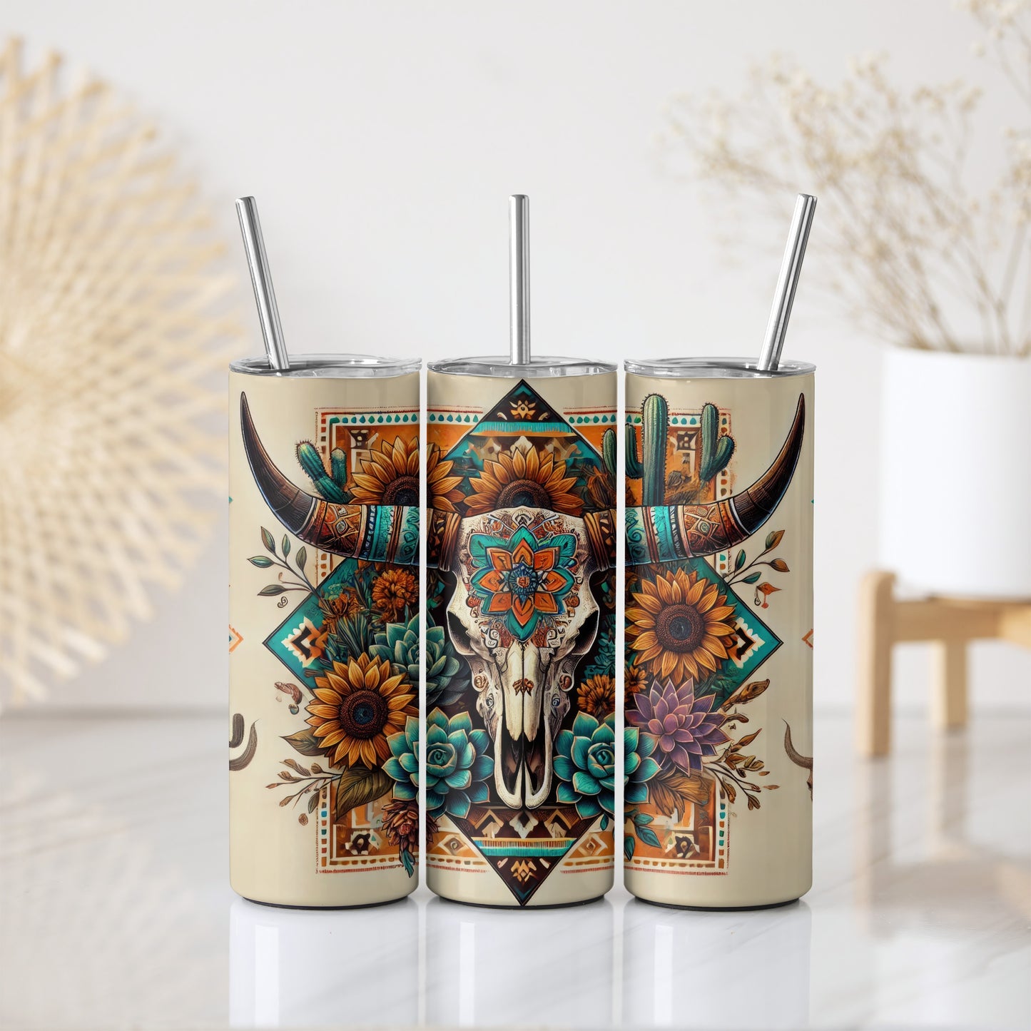 Boho Cow Skull Theme Stainless Steel Tumbler, Western Longhorn Insulated Bottle
