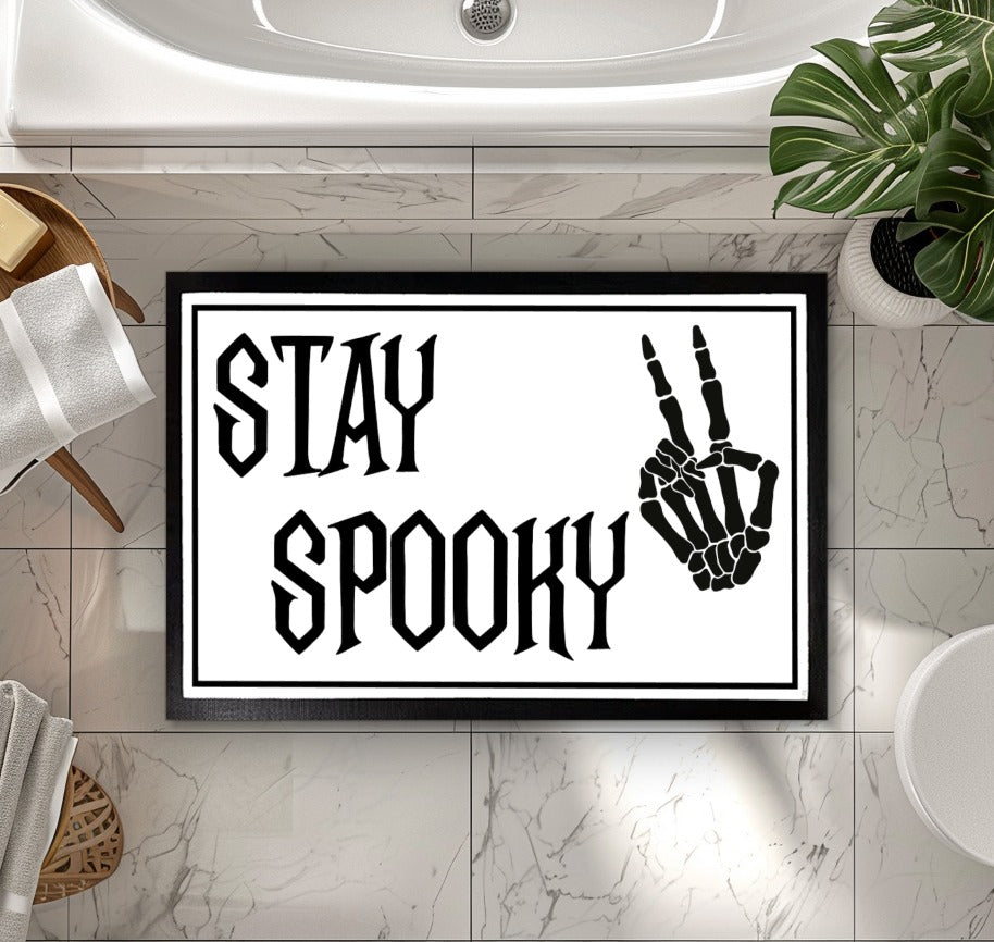 Welcome Fall with Skeleton Peace Sign Indoor Mat, a Spooky Addition!