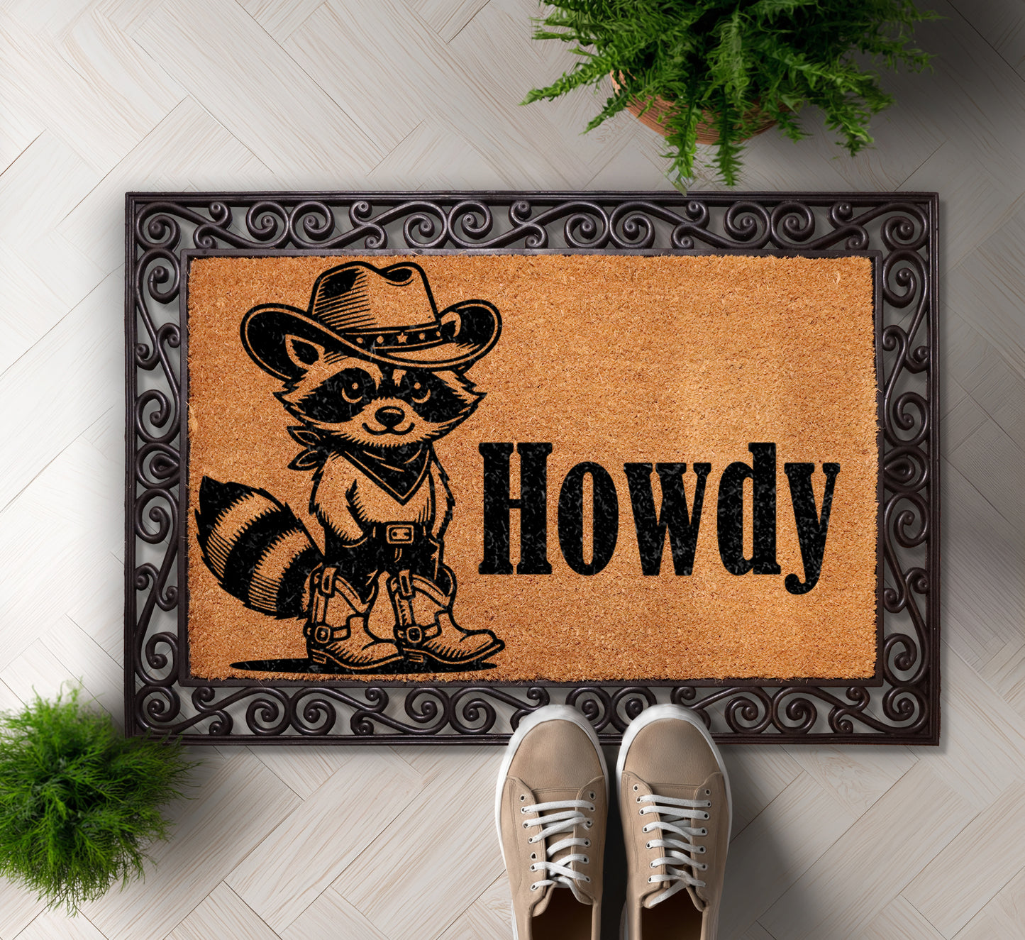 Western Animal Door Mat: Rustic Farmhouse Charm, Cowboy Raccoon Welcome