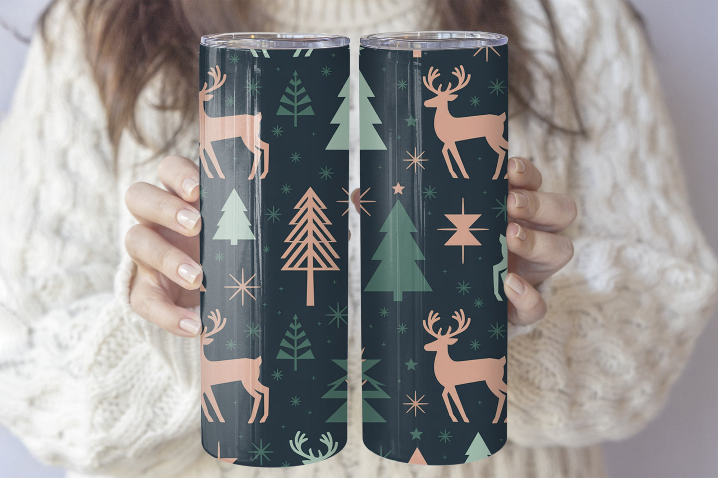 Cozy Christmas Stainless Steel Tumbler, Reindeer & Pine Tree Design