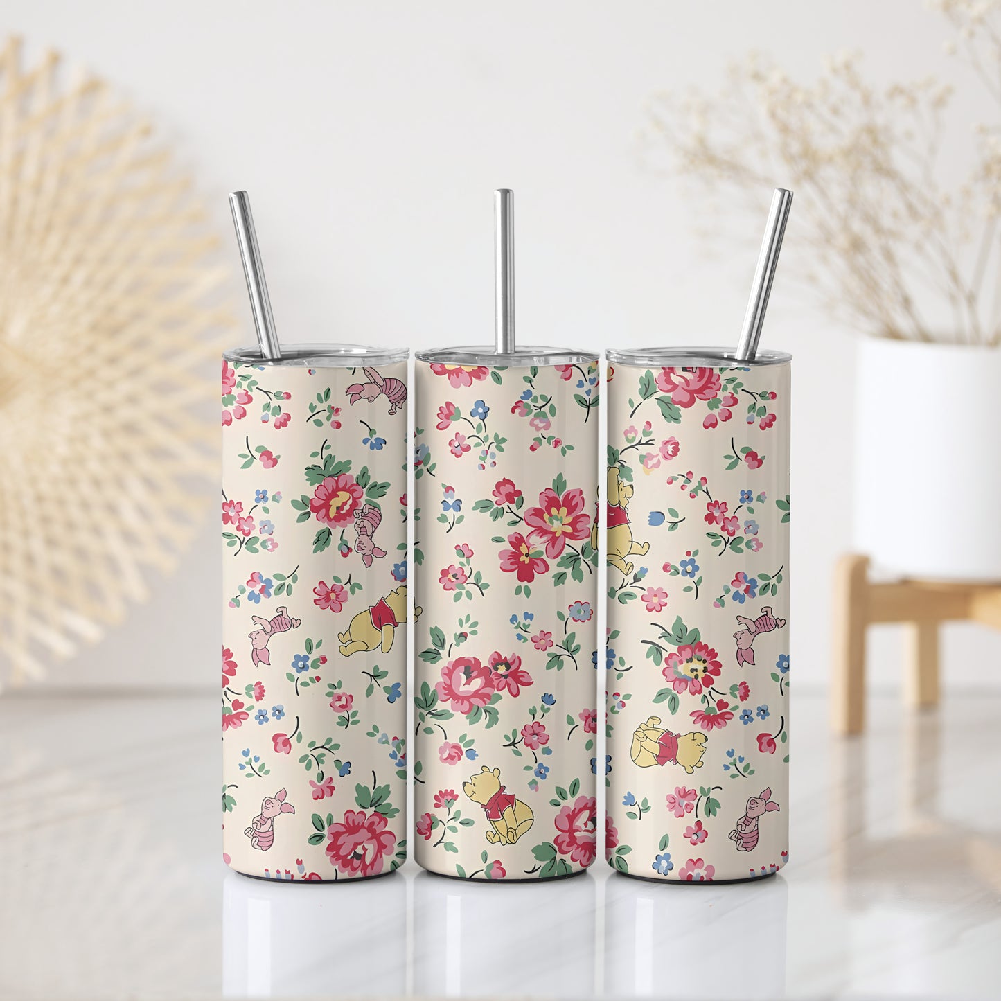 Cute Winnie The Pooh Tumbler, Bear and Flower Themed Drinkware