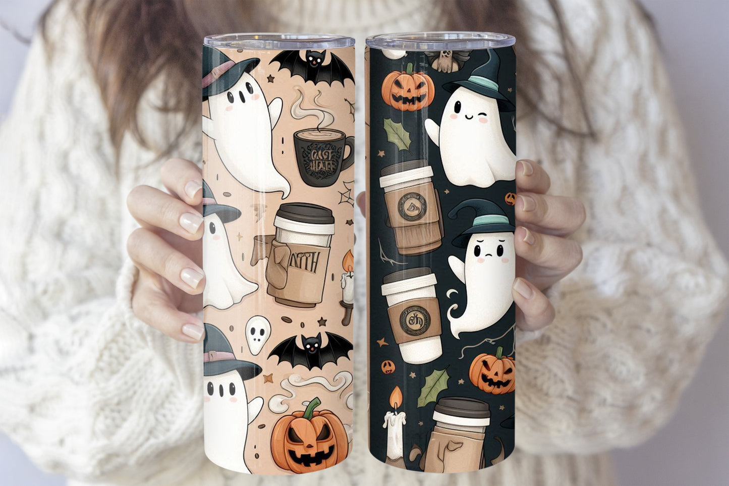 Festive Halloween Coffee Tumbler, Spooky Ghosts Design for Fall