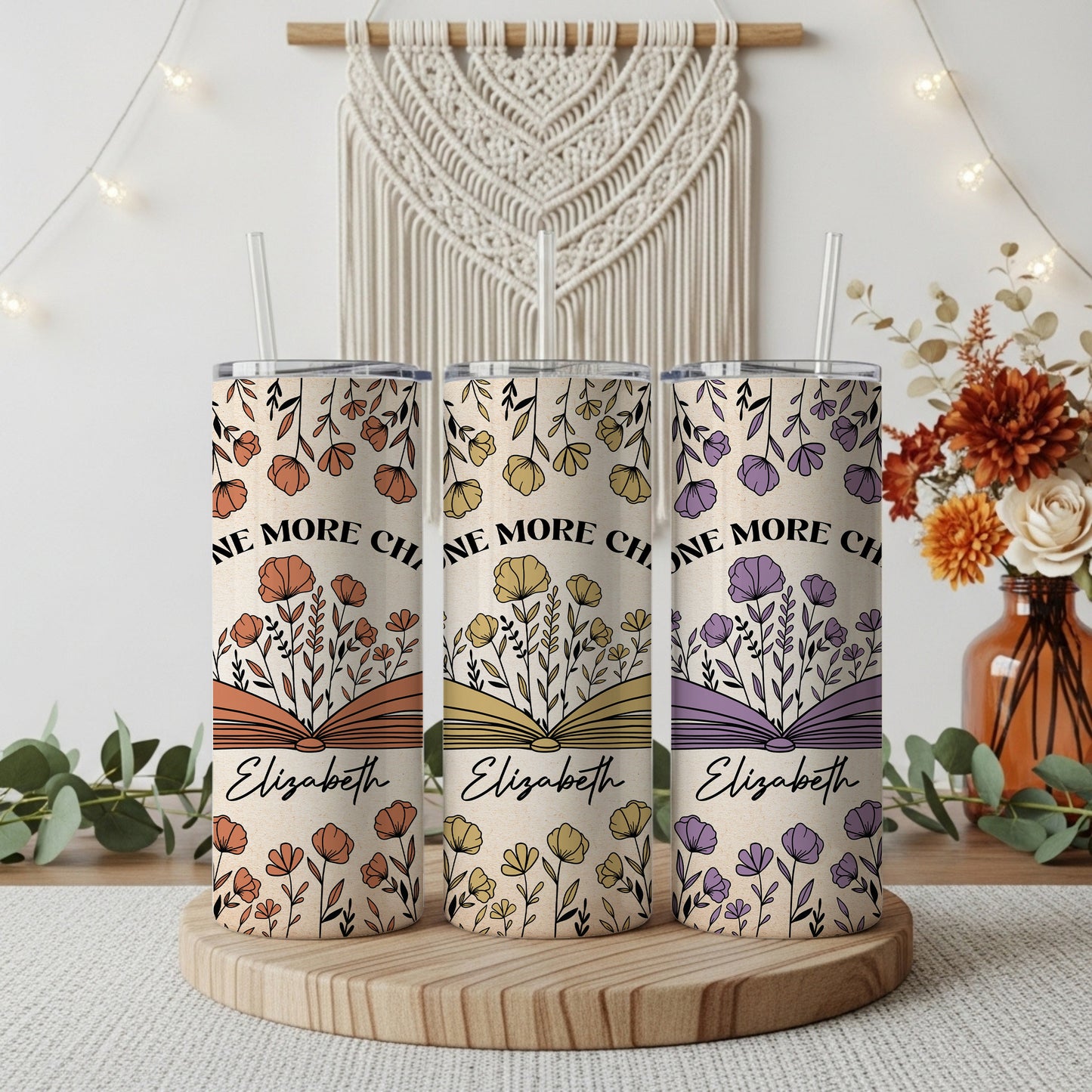 Vibrant Flowers Book Lover Tumbler, Personalized One More Chapter