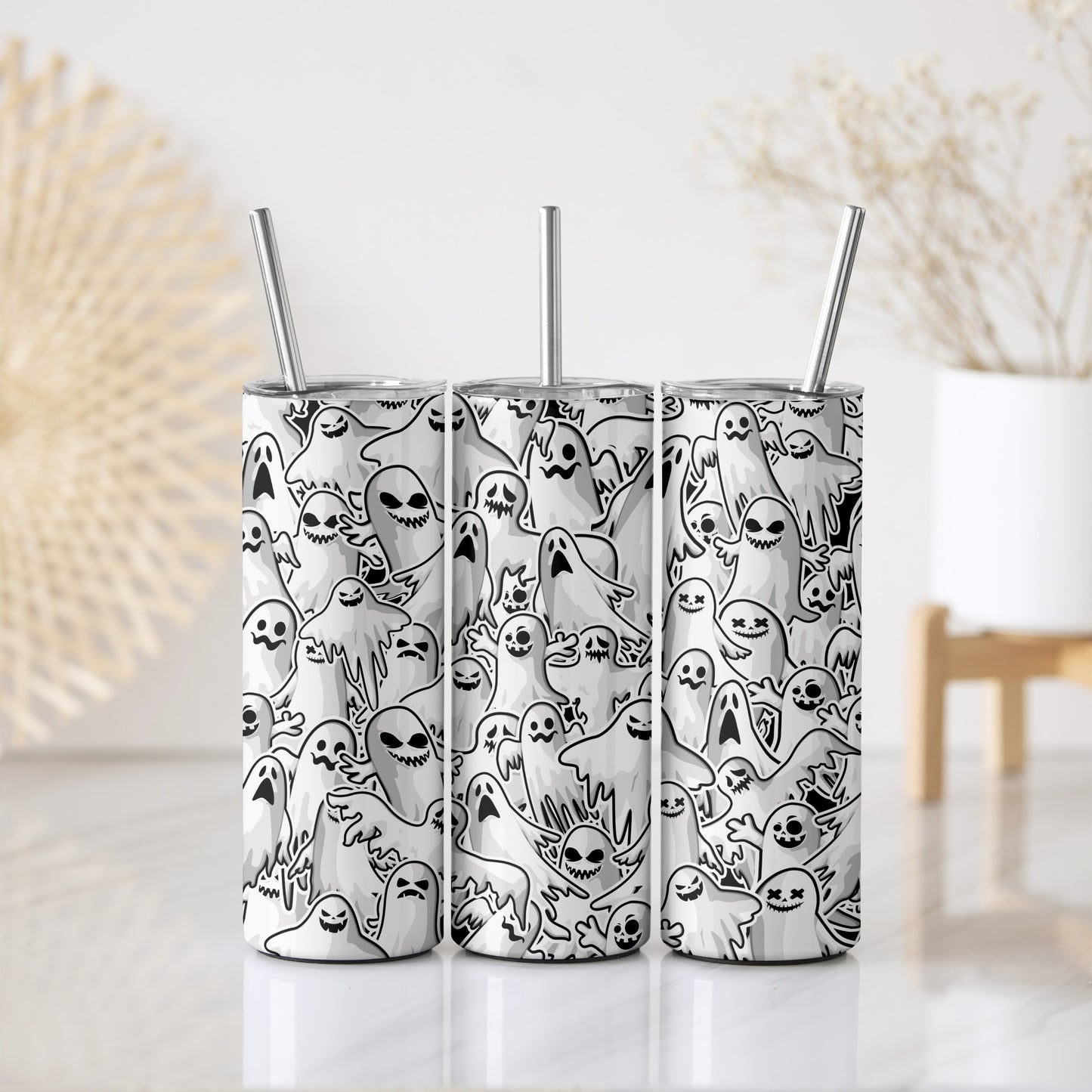 Spooky Ghost Pattern Stainless Steel Tumbler, Creepy Doodle Design