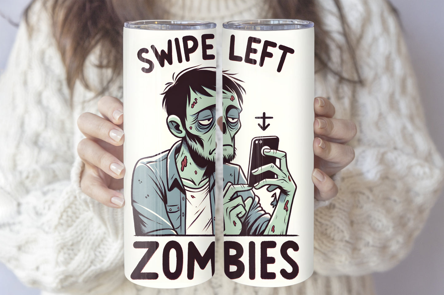 Swipe Left Zombies Tumbler: Halloween Humor Insulated Steel Sarcasm Cup.