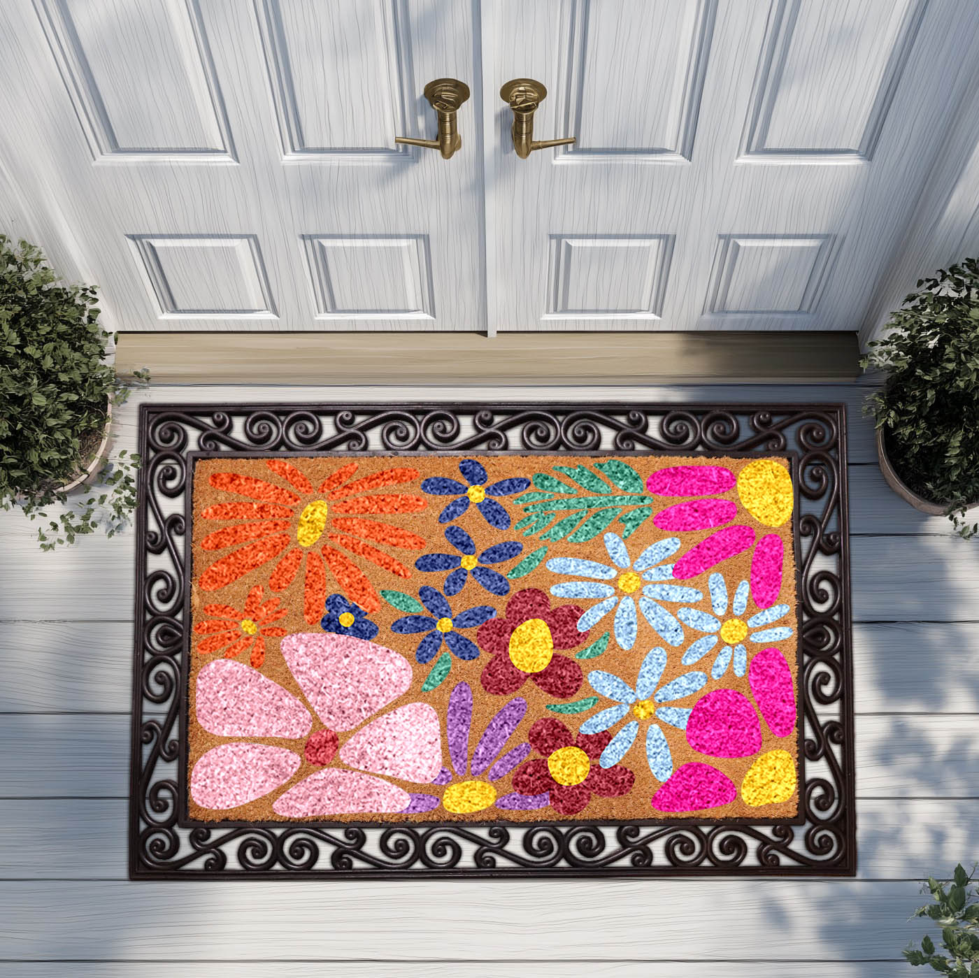 Vibrant Floral Door Mat, Stylish Botanical Coir Mat for Entryway