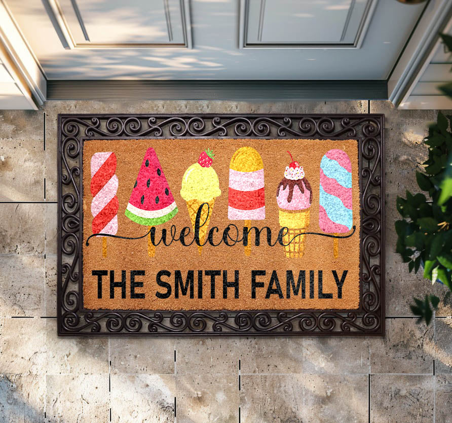 Personalized Family Name Doormat, Colorful Ice Cream Welcome Mat