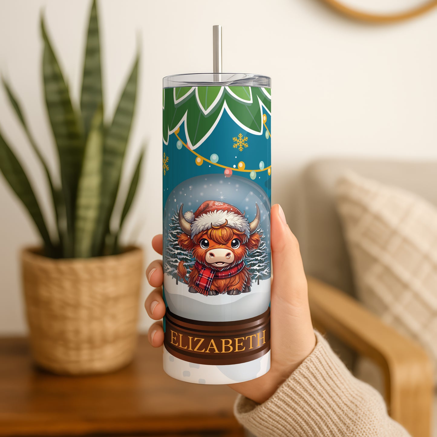 Festive Highland Cow Tumbler: Holiday Cheers with Snowman, Tree Motif
