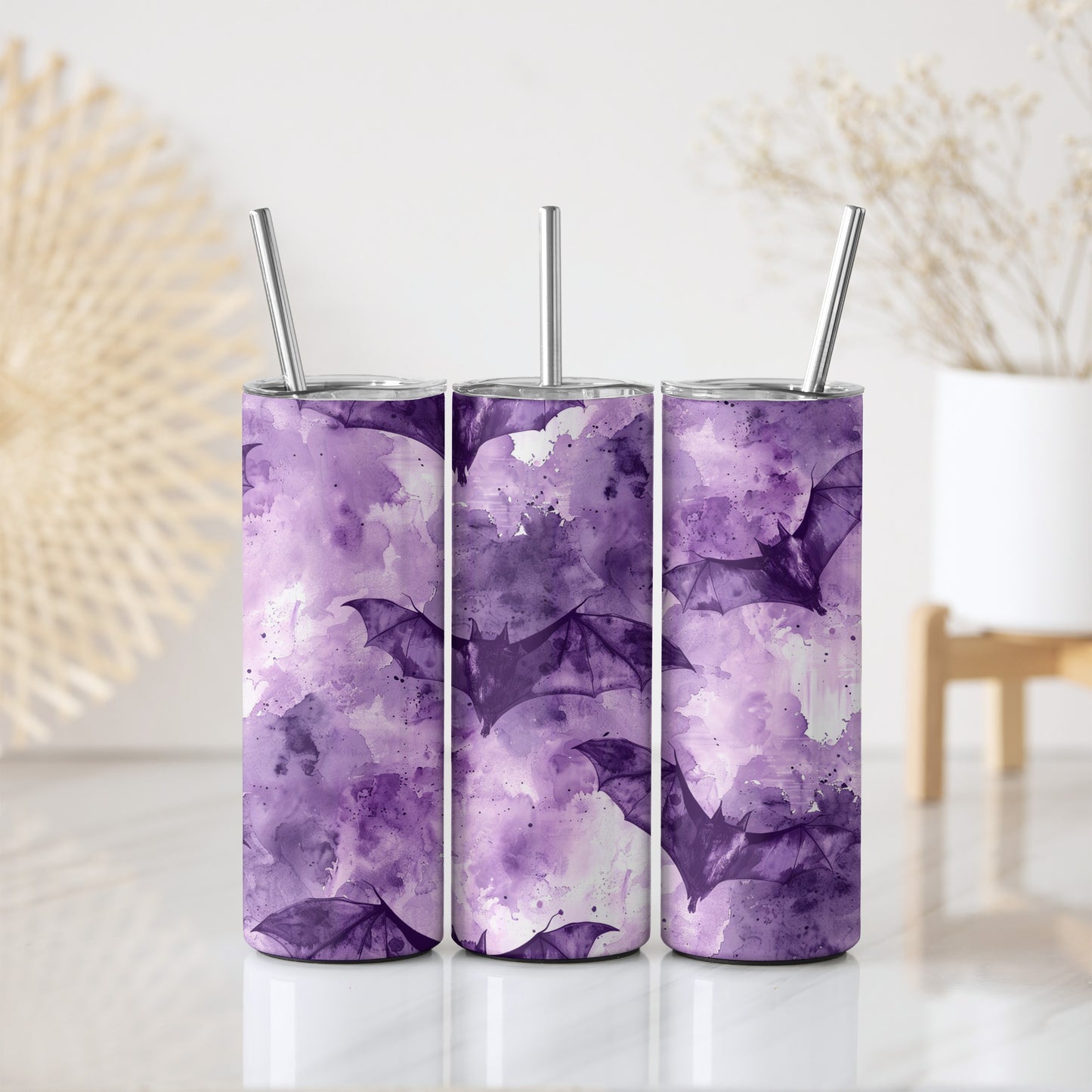 Purple Watercolor Bat Design Coffee Tumbler, Aesthetic Halloween Insulated Goth Cup