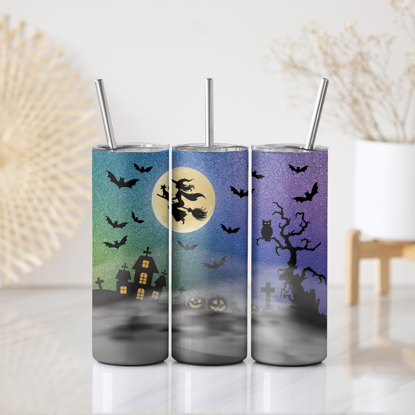 Twilight witch tumbler, spooky haunted house design, steel water bottle
