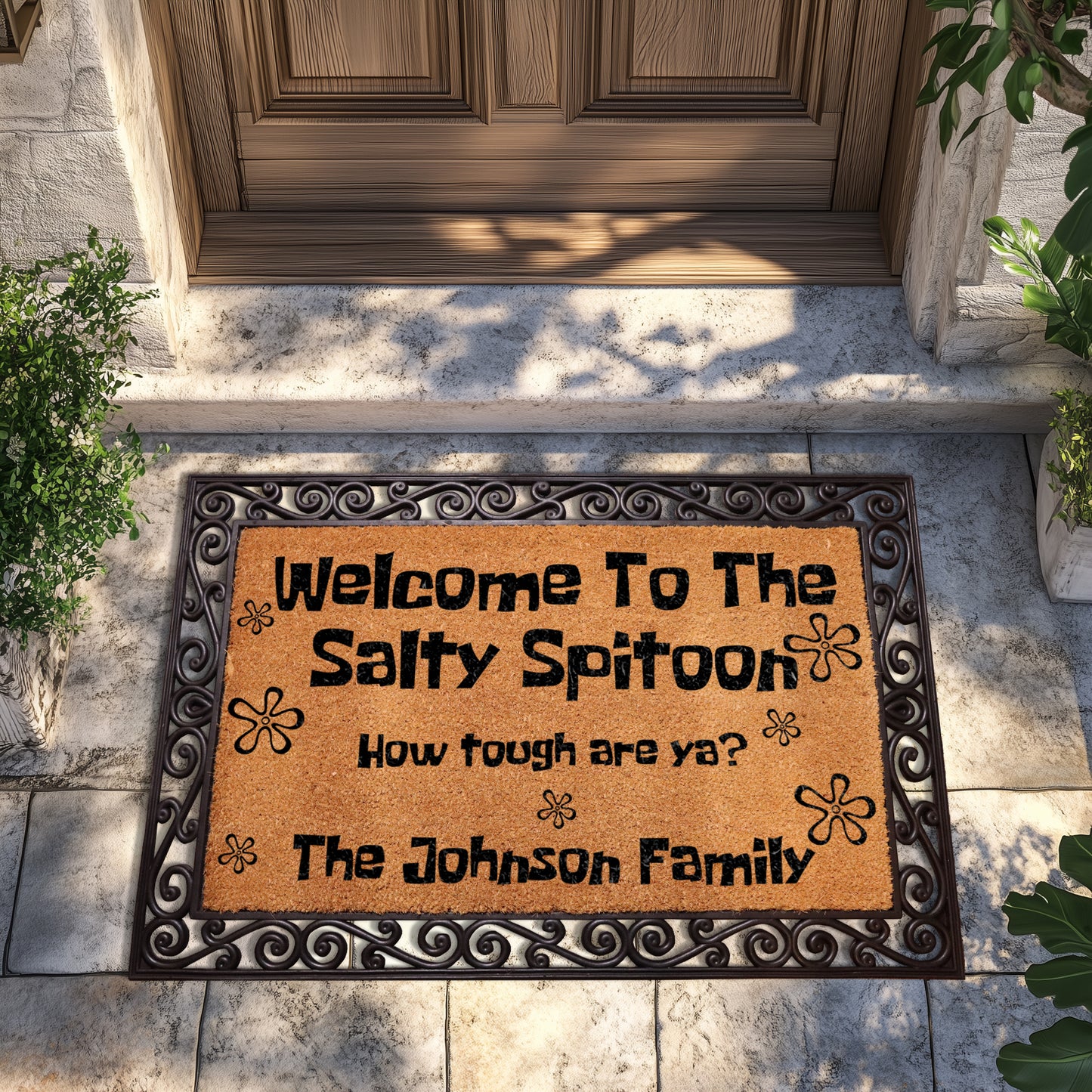 Custom Cartoon-Inspired Salty Spitoon Doormat, Sarcastic & Humorous Welcome Mat