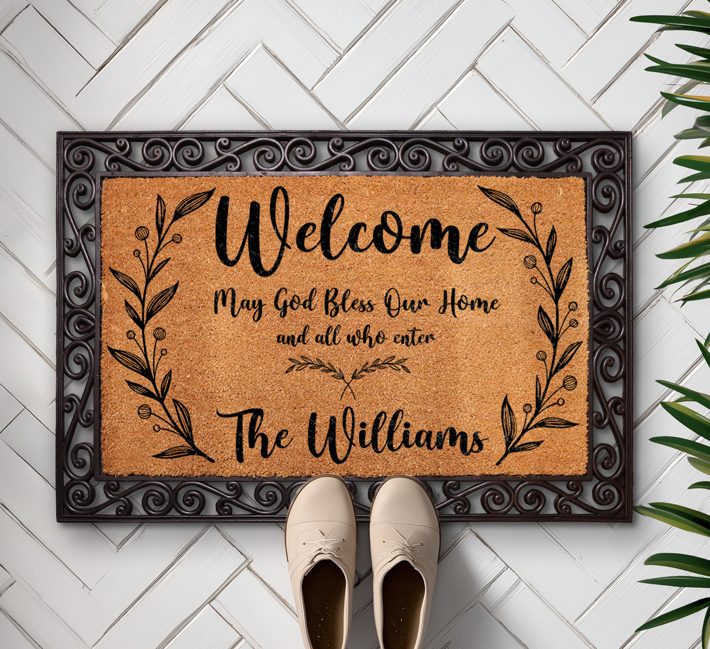 Custom Christian Family Name Coir Doormat, Personalized Religious Welcome Rug