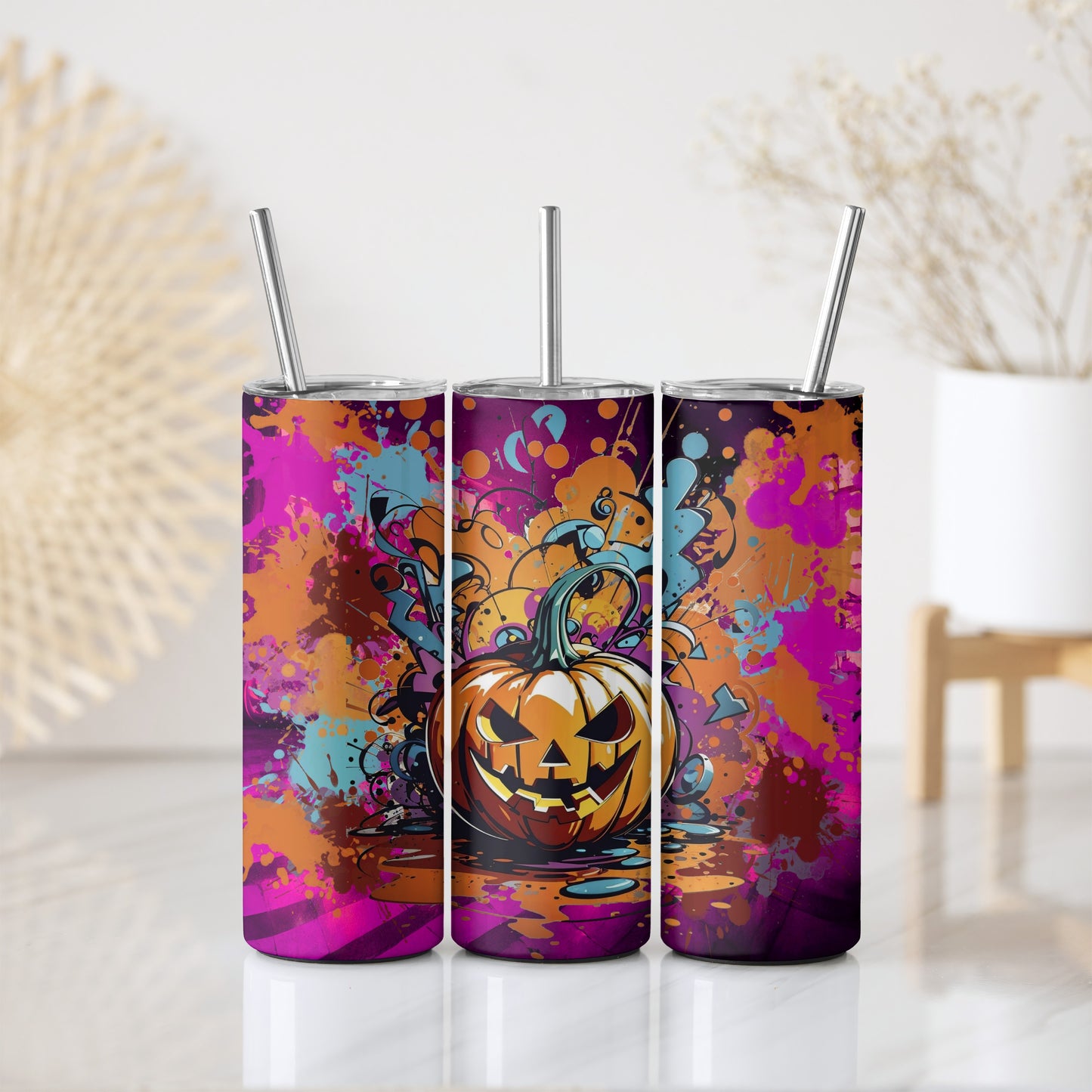 Vibrant Halloween Pumpkin Tumbler, Insulated Stainless Steel with Straw.