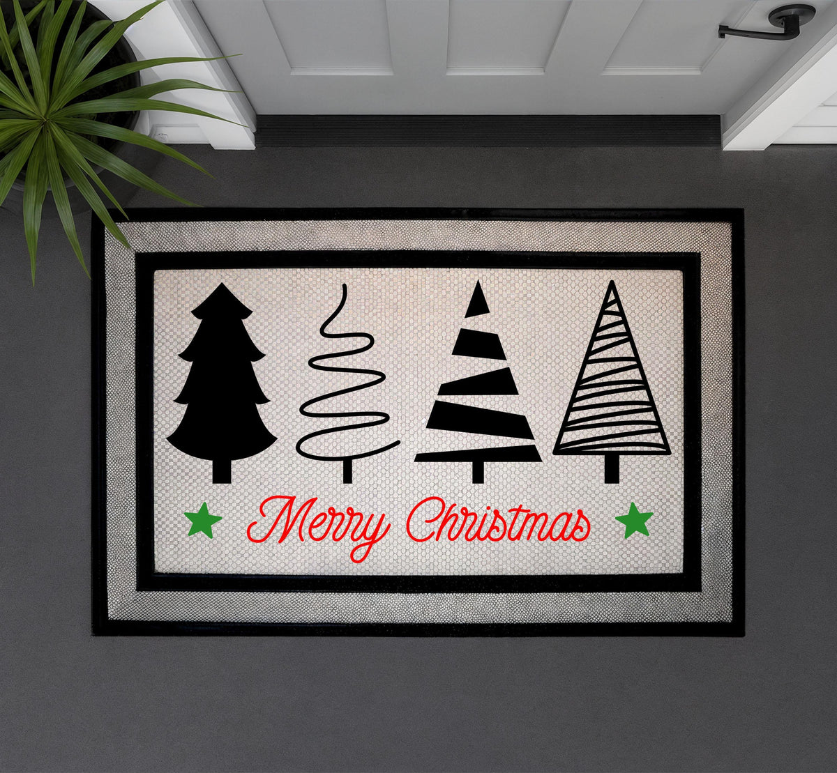Merry Christmas Doormat, Holiday Welcome Mat, Modern Xmas Tree Designs Door Mat, Outdoor Indoor Seasonal Mat, Festive Winter Entryway Mat