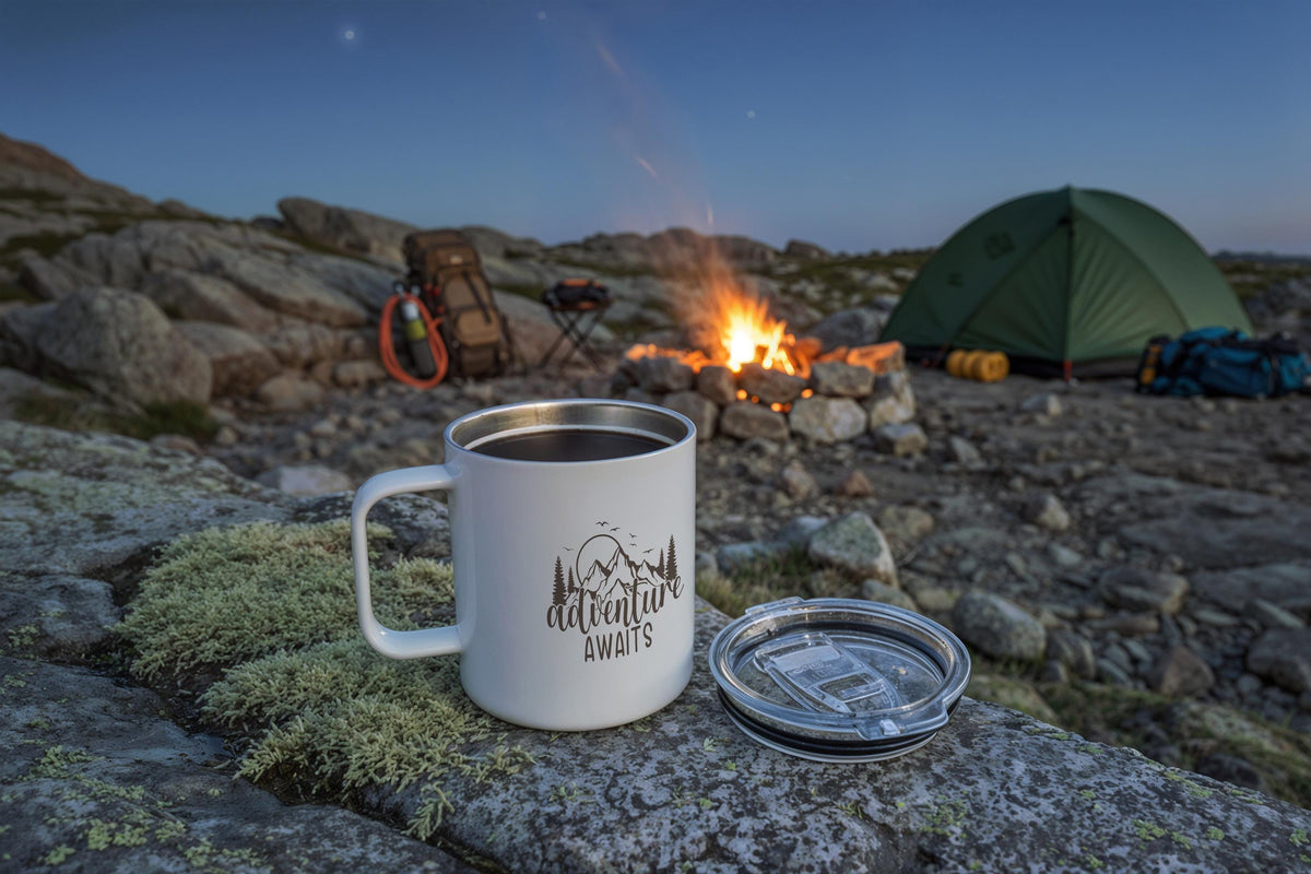 Camping Mug, Glamping Travel Mugs, Nature Lover Gift, Campfire Adventure Cup