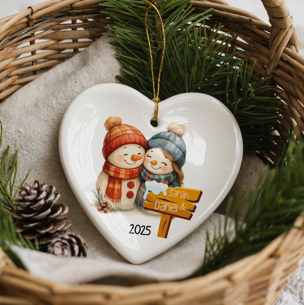 Personalized Ceramic Christmas Ornament, Snowman Couple Keepsake