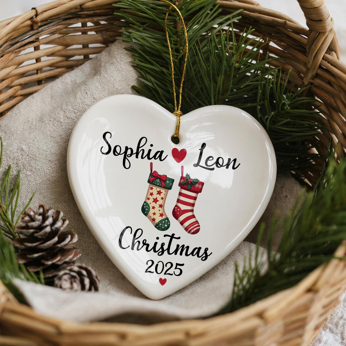 Personalized Ceramic Heart Christmas Ornament, Couple Names Keepsake