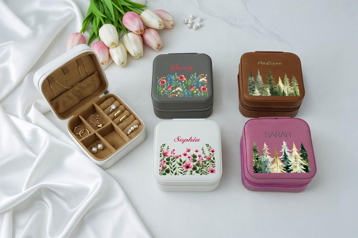 Custom Name Floral Jewelry Box, Nature Lover Travel Accessory Box