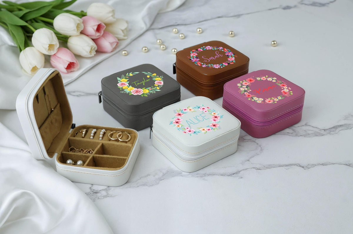 Personalized Floral Wreath Design Jewelry Box, Matching Bridesmaids Accessory Box