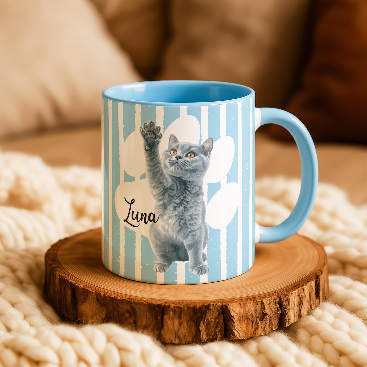 Personalized Pet Photo Mug with Name, Custom Cat - Dog Portrait Cup, Striped Designs Pets Mugs, Memorial Present Cups, Dogs Cats Mom Gift