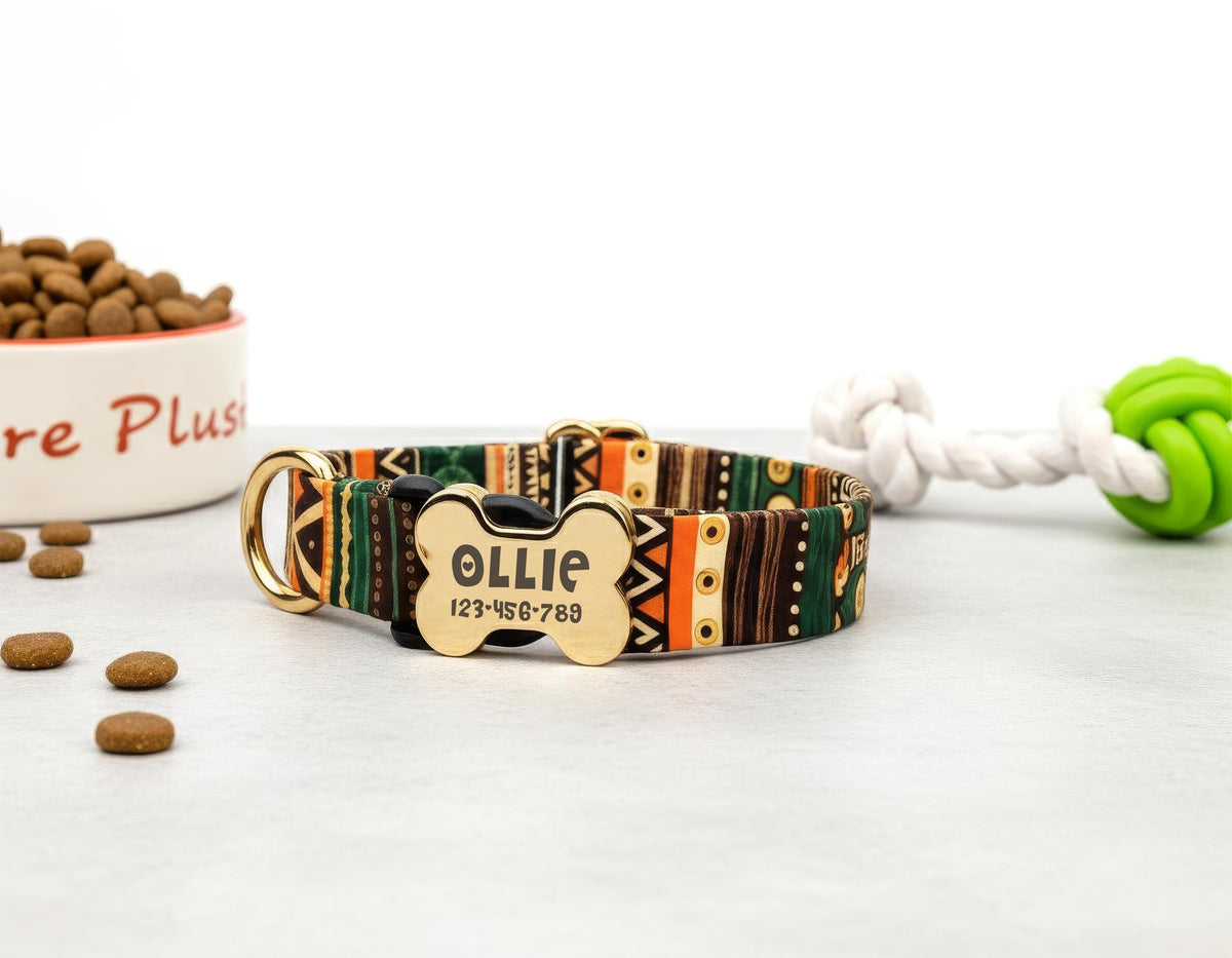 Custom Dog Collar with Engraved Name Plate, Personalized Boho Dog Collar, Leopard Print Pet Collar, Engraved Bone ID Tag Collar