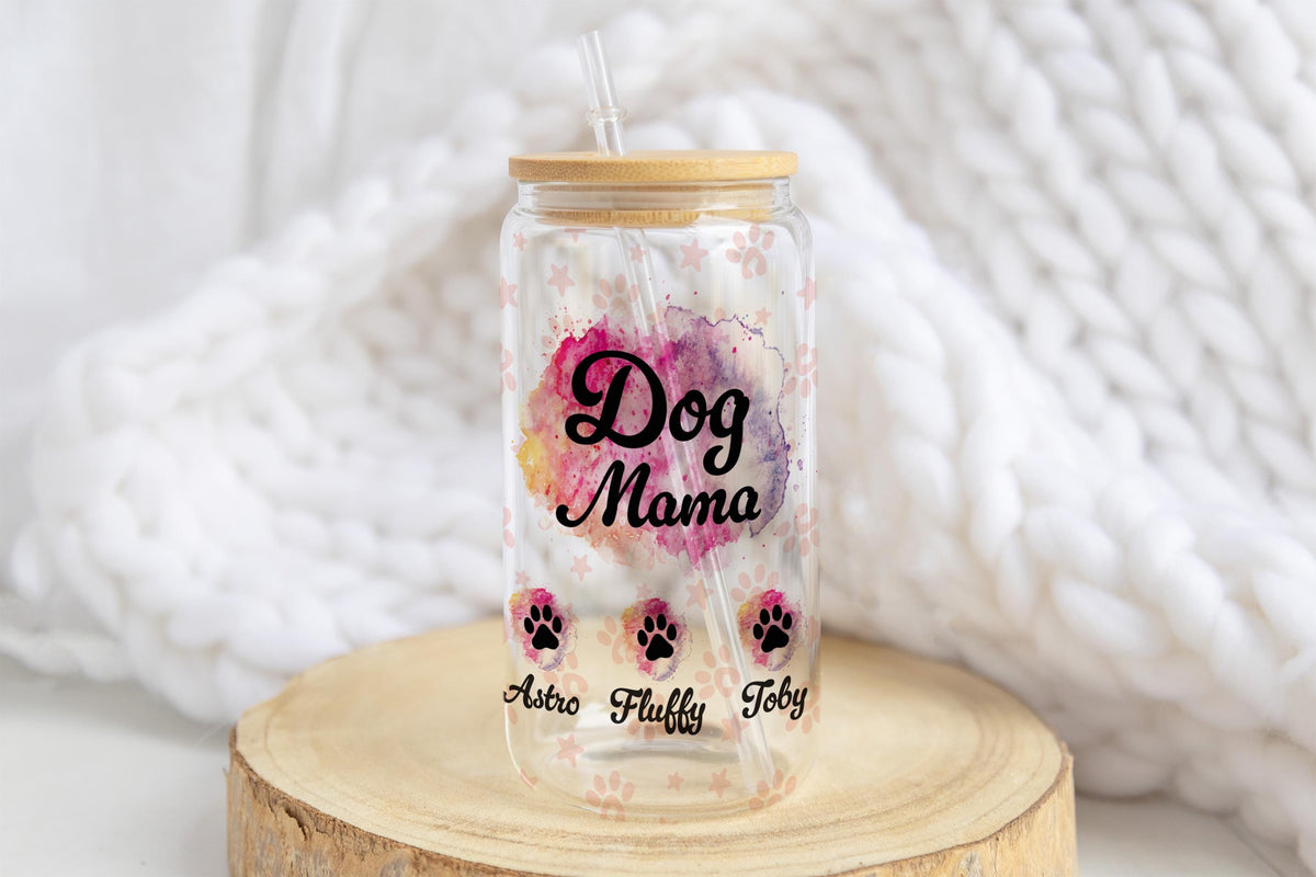 Personalized Dog Mama Can Glass Tumbler, Watercolor Paw Print Cup, Custom Dogs Name Tumblers with Bamboo Lid and Straw, Pet Mothers Day Gift