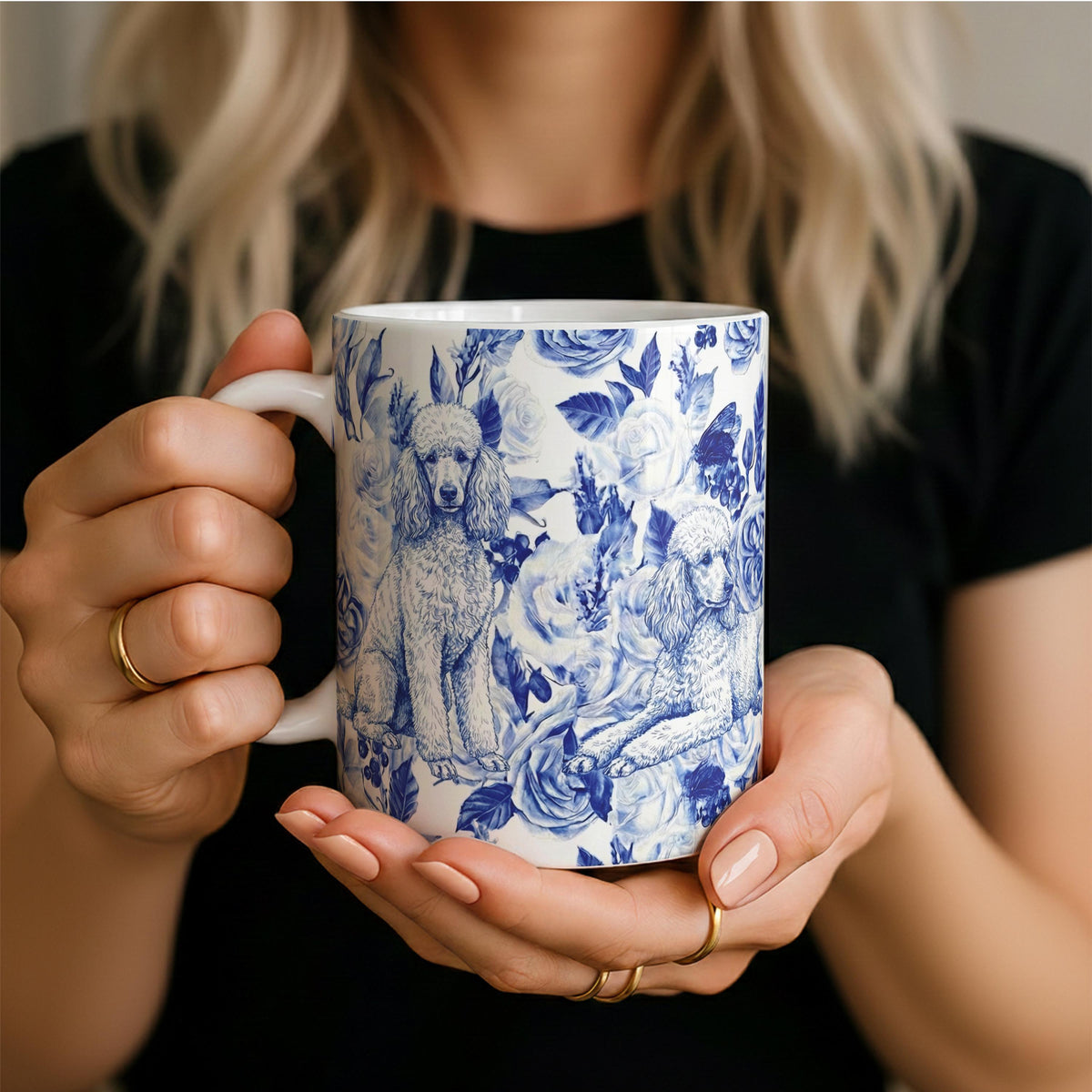 Chinoiserie Ceramic Mug, Pomeranian Coffee Cup, Dog Mom Gift, Vintage Blue Floral Pet Mug, Dog Lovers and Owners Present