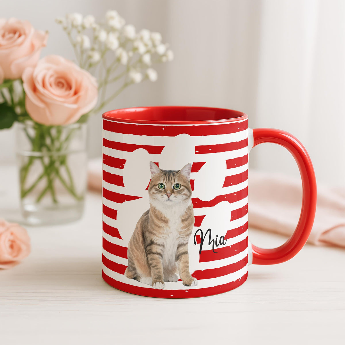 Custom Dog Photo Mug with Name, Personalized Pet Portrait Cup, Striped Designs Pets Mugs, Cat Mom Gift, Memorial Present Cups