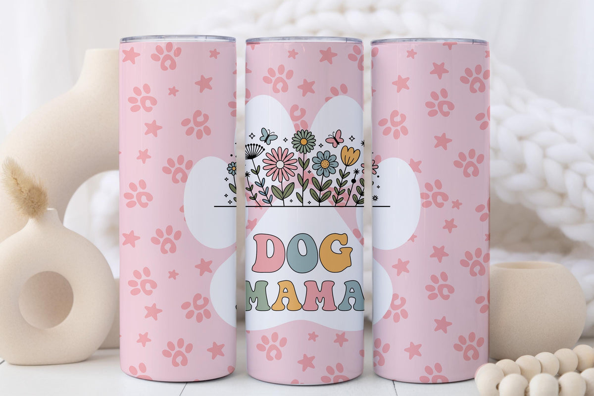Custom Dog Mom Floral Tumbler, Personalized Dogs Mama Travel Cup, Wildflowers with Paw Print Skinny Tumblers, Pet Lovers Gift