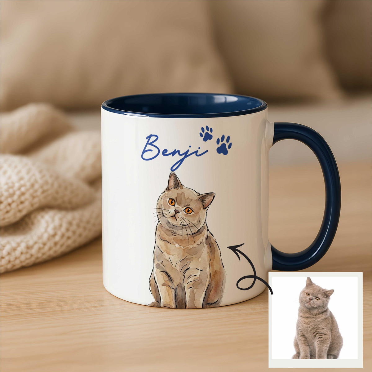 Personalized Watercolor Pet Picture Mug, Custom Cat Name with Paw Print Coffee Cup, Pets Lovers Drinkware, Cats Memorial Gift