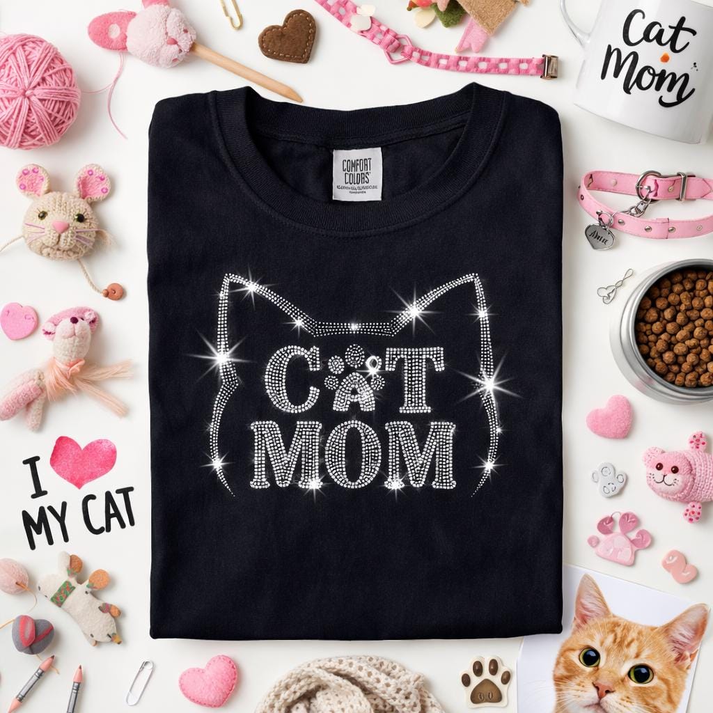 Cat Mom Rhinestone Shirt, Cute Pet Lovers T-shirt, Unique Cat Design Tee for Pet Owner, Aesthetic Cat Mama Gift