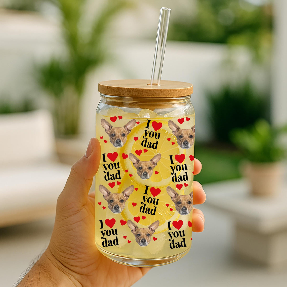 Custom Dog Dad Can Glass Tumbler with Bamboo Lid and Straw, Personalized Pet Face Iced Coffee Cup, Fathers Birthday Gift, Love You Dada Mug