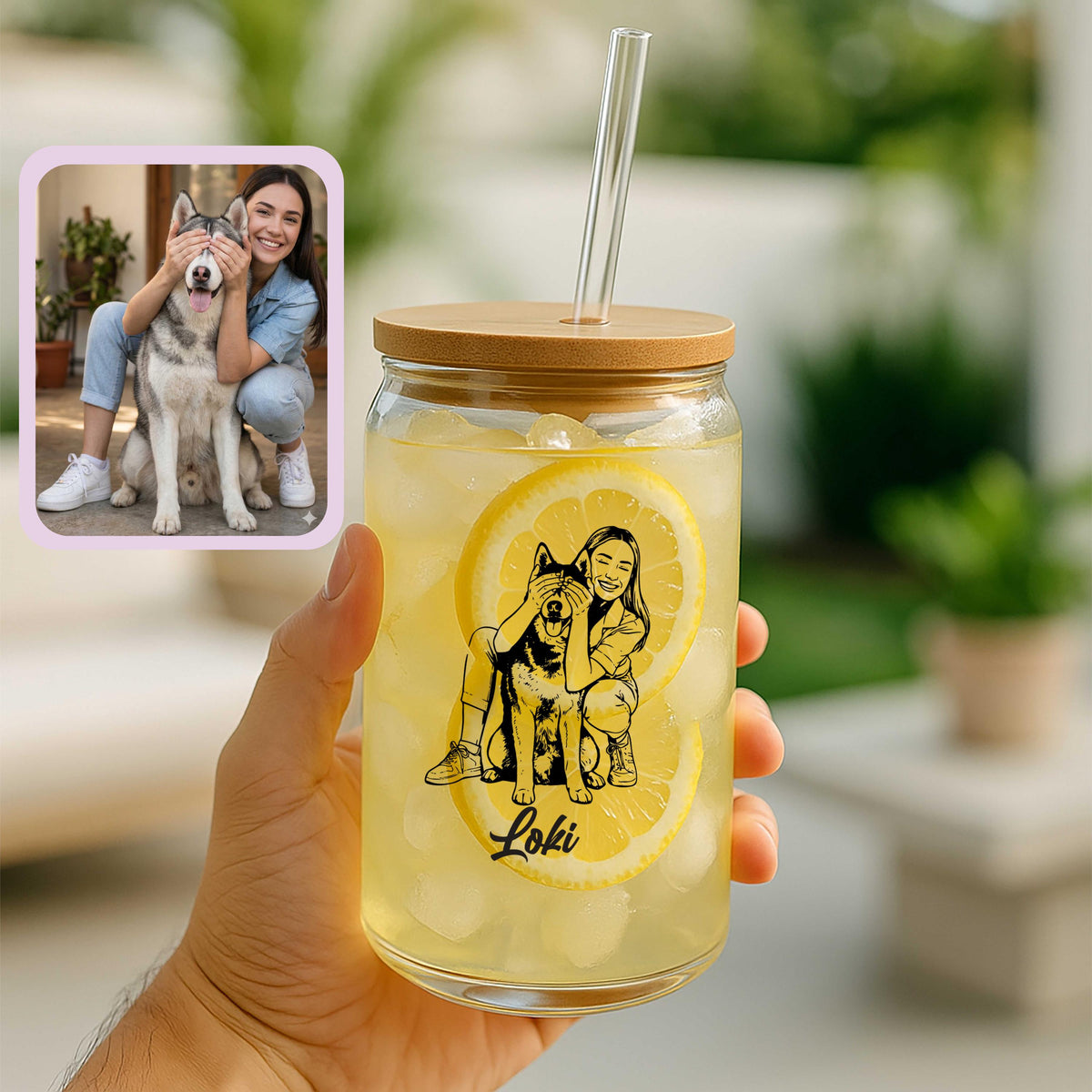 Personalized Photo to Line Art Dog Mom Can Glass Tumbler, Custom Illustration Iced Coffee Cup, Pet Names Tumblers with Bamboo Lid + Straw