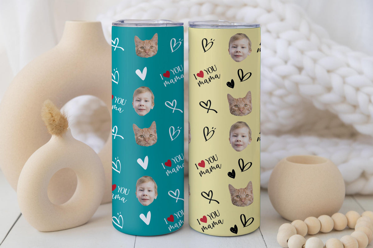 Personalized Kid's & Pet's Face Photo Tumbler with Straw, I Love You Mama Travel Cup, Custom Dog Lover Mom Gift, Mother's Birthday Present