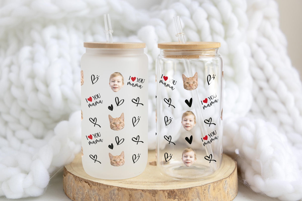Custom Kid's & Pet's Face Photo Can Glass Tumbler, I Love You Mama Coffee Cup, Mothers Day Personalized Mug, Dog Lover Mom Birthday Present