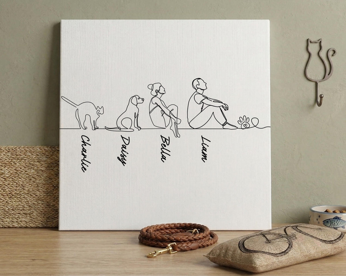 Custom Line Art Dog and Cat Canvas Print, Personalized Pet Owner Wall Art, Drawing Pet Lover Artwork, Cats and Dogs Memorial Gift