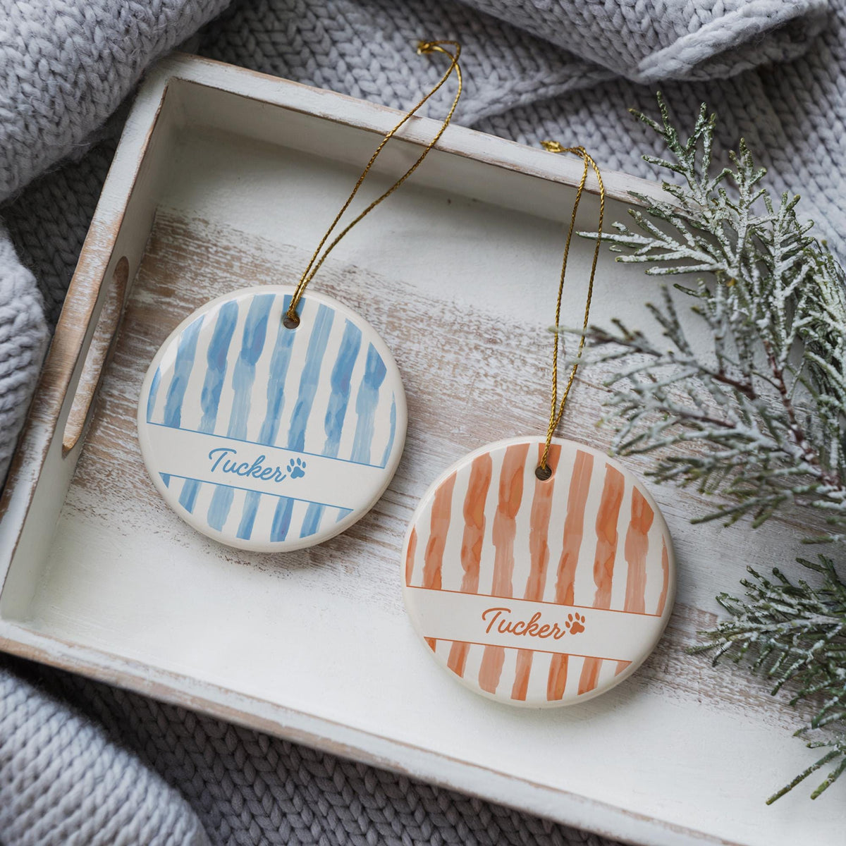 Personalized Dog Name Ornament, Striped Watercolor Pet Paw Print Keepsake, Custom Dog Mom Ceramic Gift, Dog Lovers Present