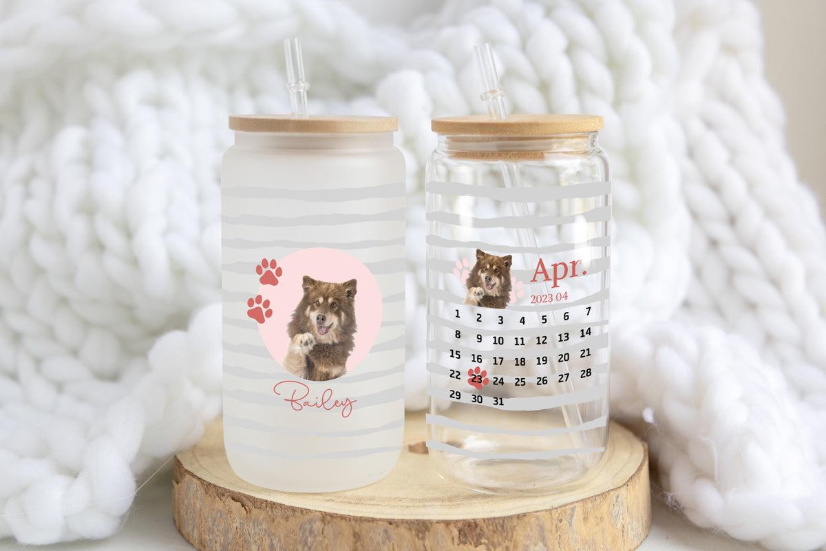 Personalized Pet Birthday Calendar Can Glass Tumbler, Gotcha Day Dog Portrait Cup, Pets Photo & Name Mug, Custom Adoption Anniversary Gift
