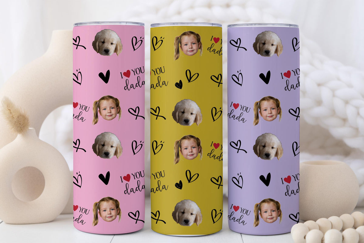Personalized Kid's & Pet's Face Photo Tumbler, I Love You Dada Coffee Cup, Custom Dog Lover Dad Gift, Father's Birthday Present