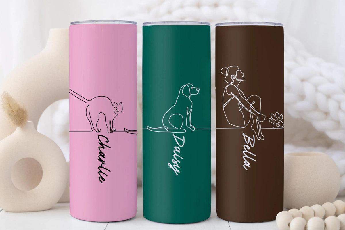 Custom Family Member Line Art Pet Tumbler, Drawing Cat/Dog Mom Travel Cup, Minimalist Pet Lovers Gift, Custom Name Coffee Cup