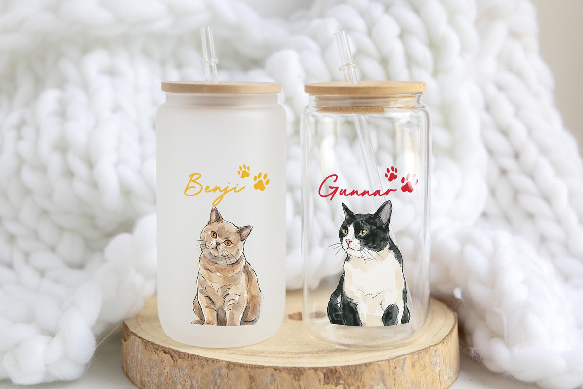 Custom Watercolor Cat Photo Can Glass Tumbler, Cat Mom Iced Coffee Cup, Personalized Pet Name Drinkware, Mother's Birthday Gift