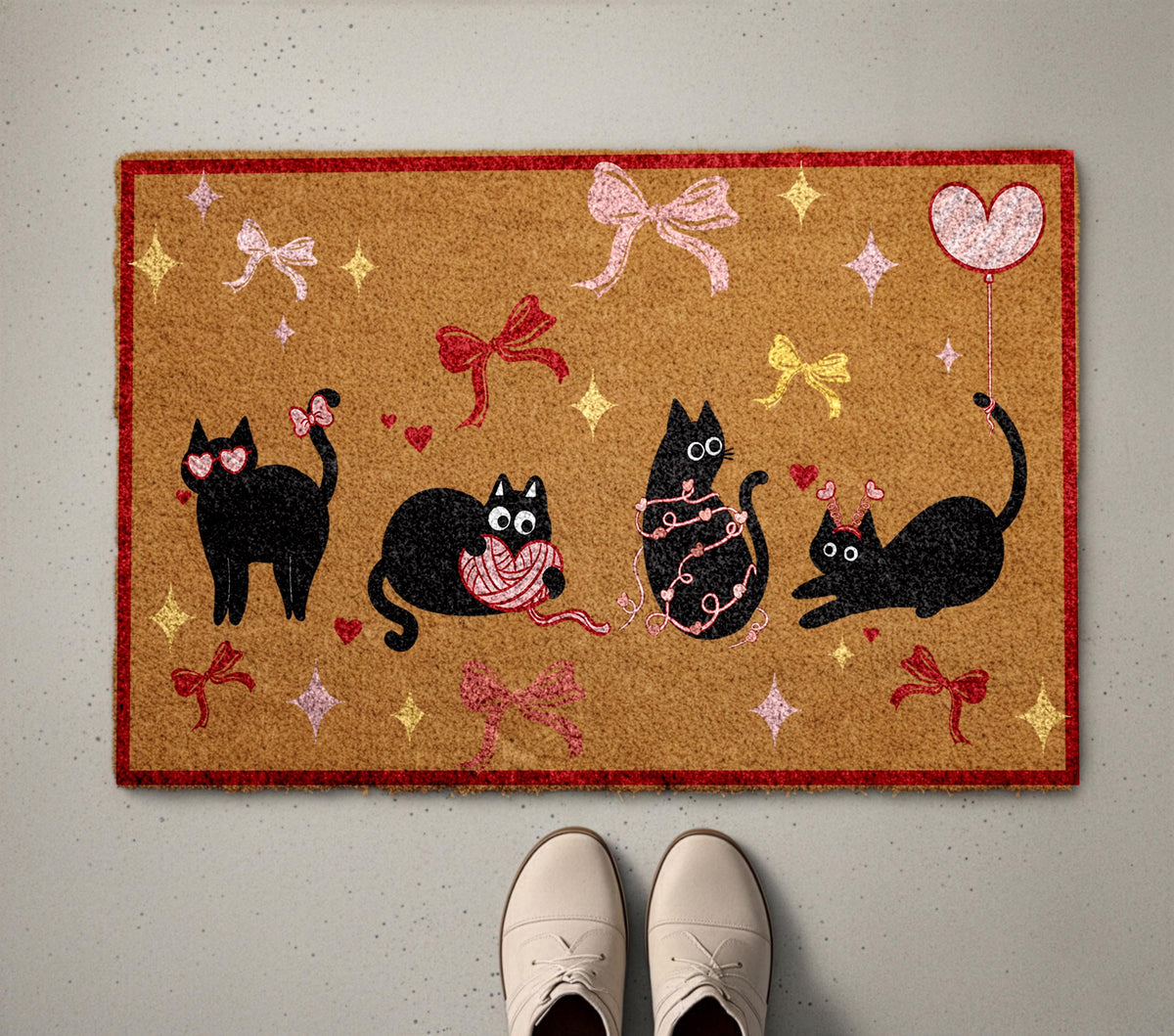 Cute Black Cats Doormat, Coquette Bows and Hearts Decor Welcome Mat, Funny Cat Lover Housewarming Gift, Pet Owner Front Porch Coir Rug