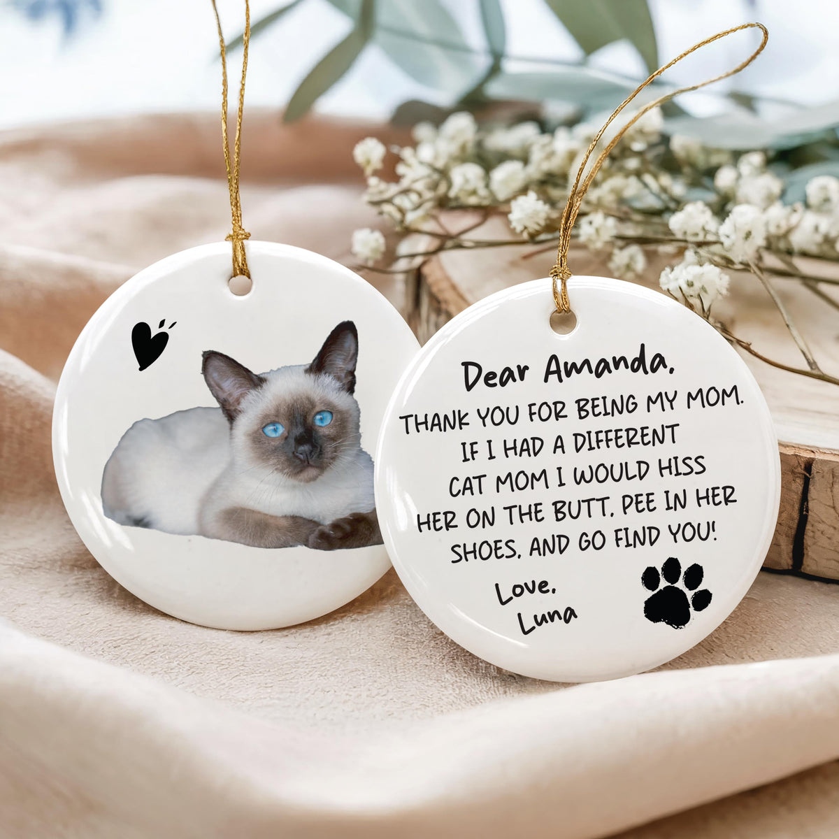 Custom Cat Photo Ornament, Funny Cat Mom Gift, Double Sided Crazy Cat Lady Keepsake, Mother's Day Personalized Cat Ornaments