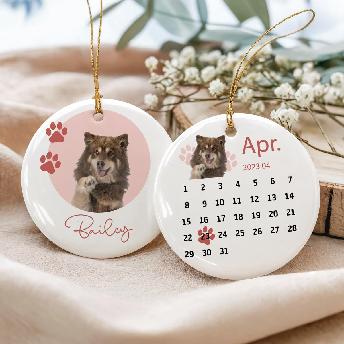Custom Pet Photo Ornament, Gotcha Day Calendar Keepsake, Personalized Dog Birthday Decor, Pet Mom Adoption Gift, 2 Sided Ceramic Date Bauble