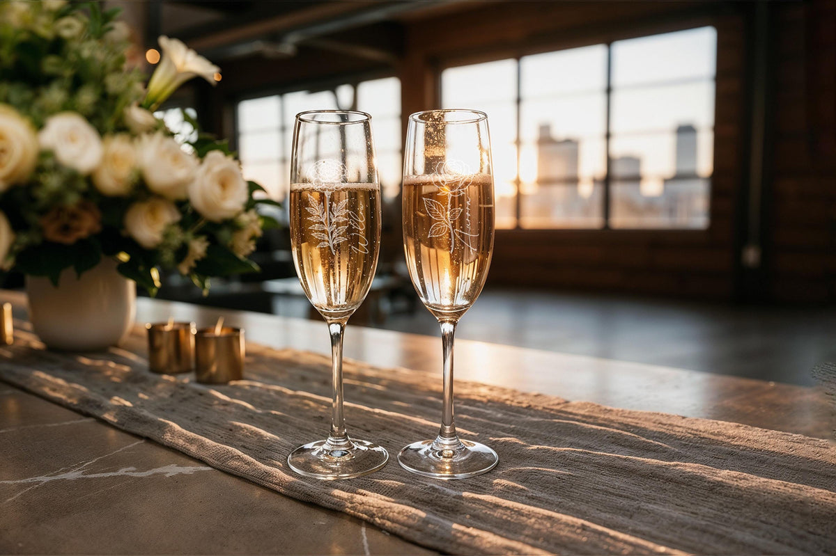 Personalized Engraved Champagne Flute, Custom Floral Design Gift