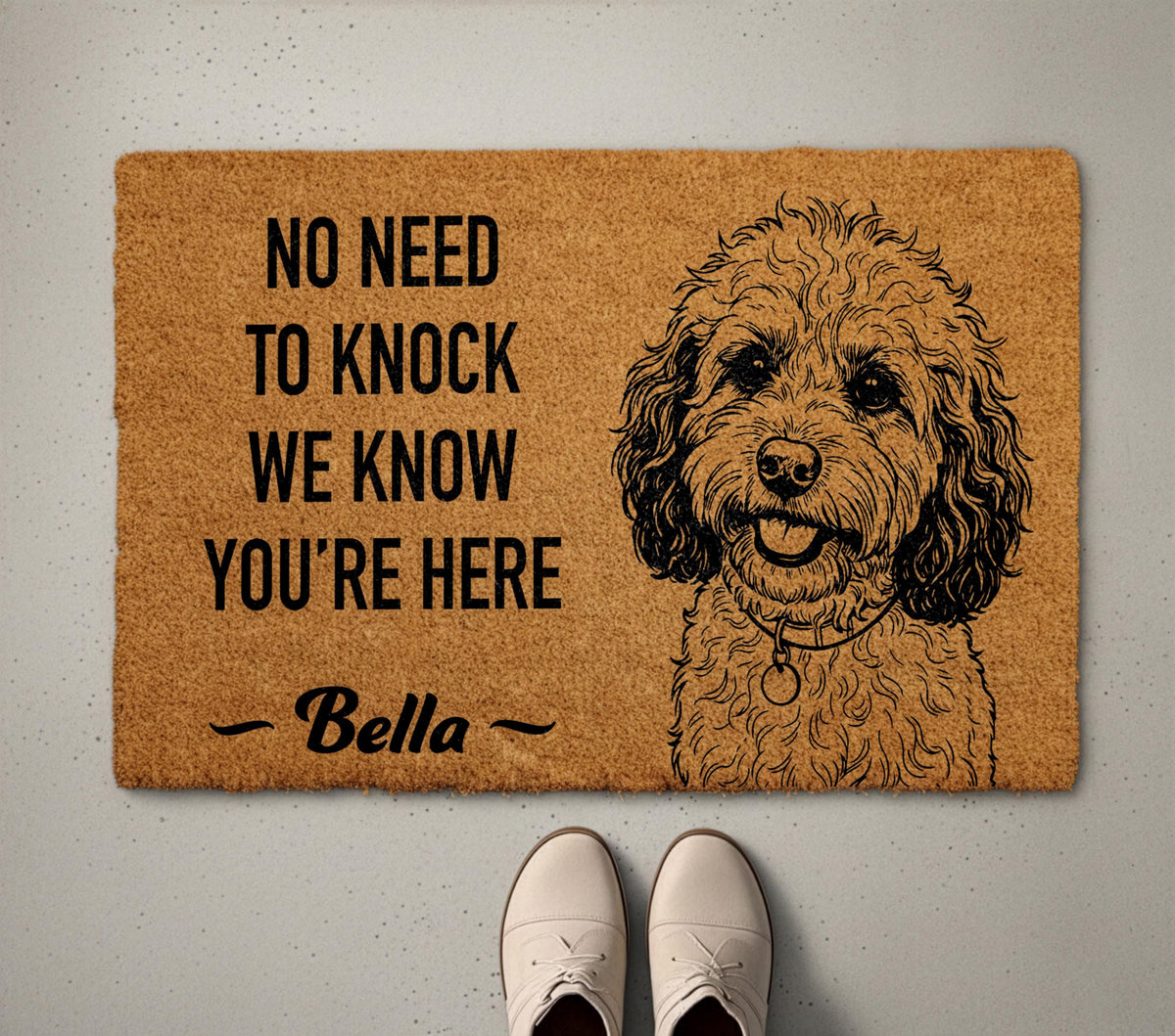 Goldendoodle Doormat, Custom Dog Name Labradoodle Welcome Mat, No Need To Knock We Know You're Here Housewarming Gift, Front Porch Decor