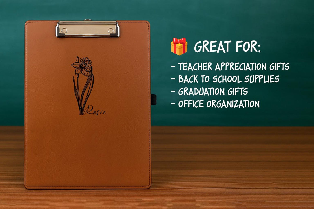 Custom Engraved Vegan Leather Clipboard, Birth Flower Design